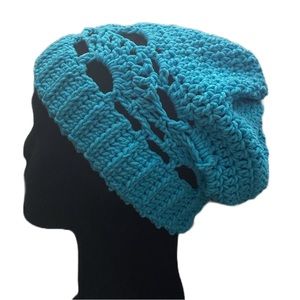 Teal Blue Fan Lace Handmade Crochet Knit Beanie Winter Hat